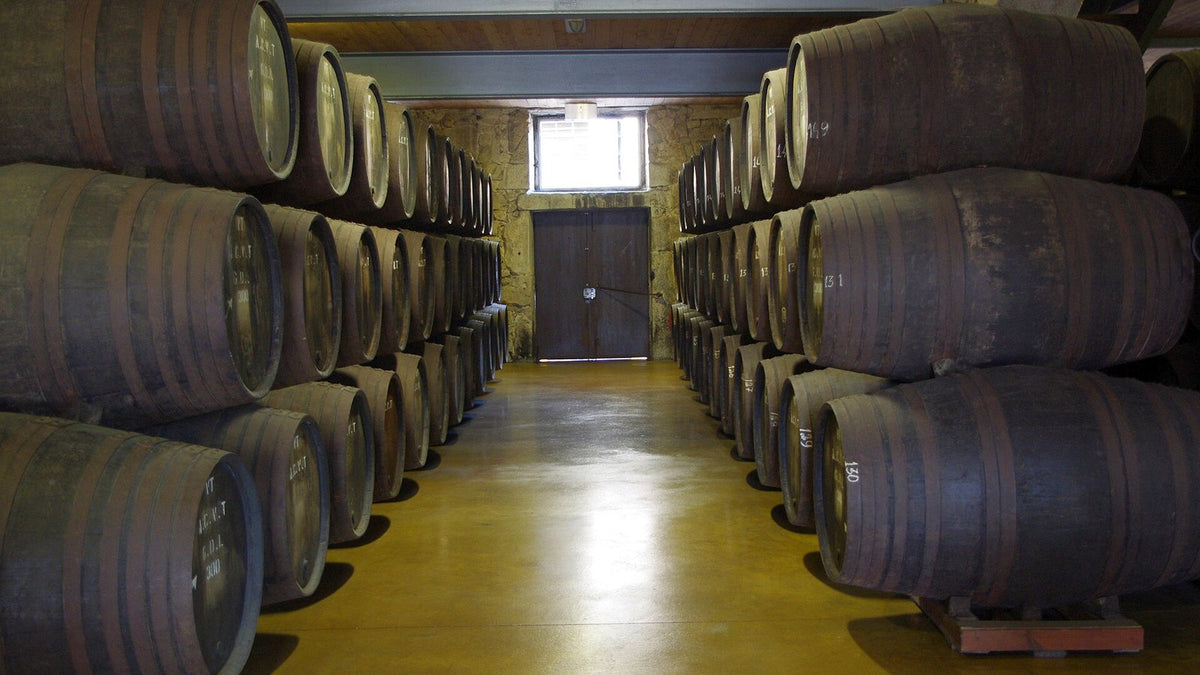 Long aisle between stacked oak port casks in a dim port wine cellar.