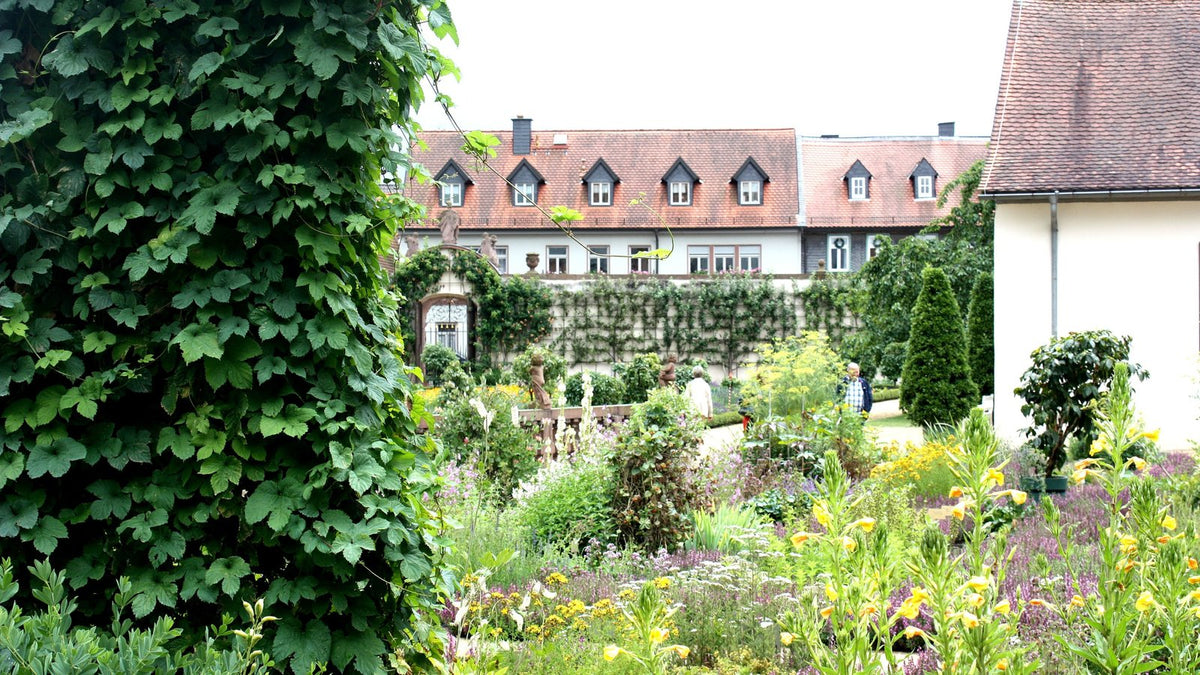 The herb garden of the former abbey at Seligenstadt, Germany, with flowering beds in front of the monastery buildings.
