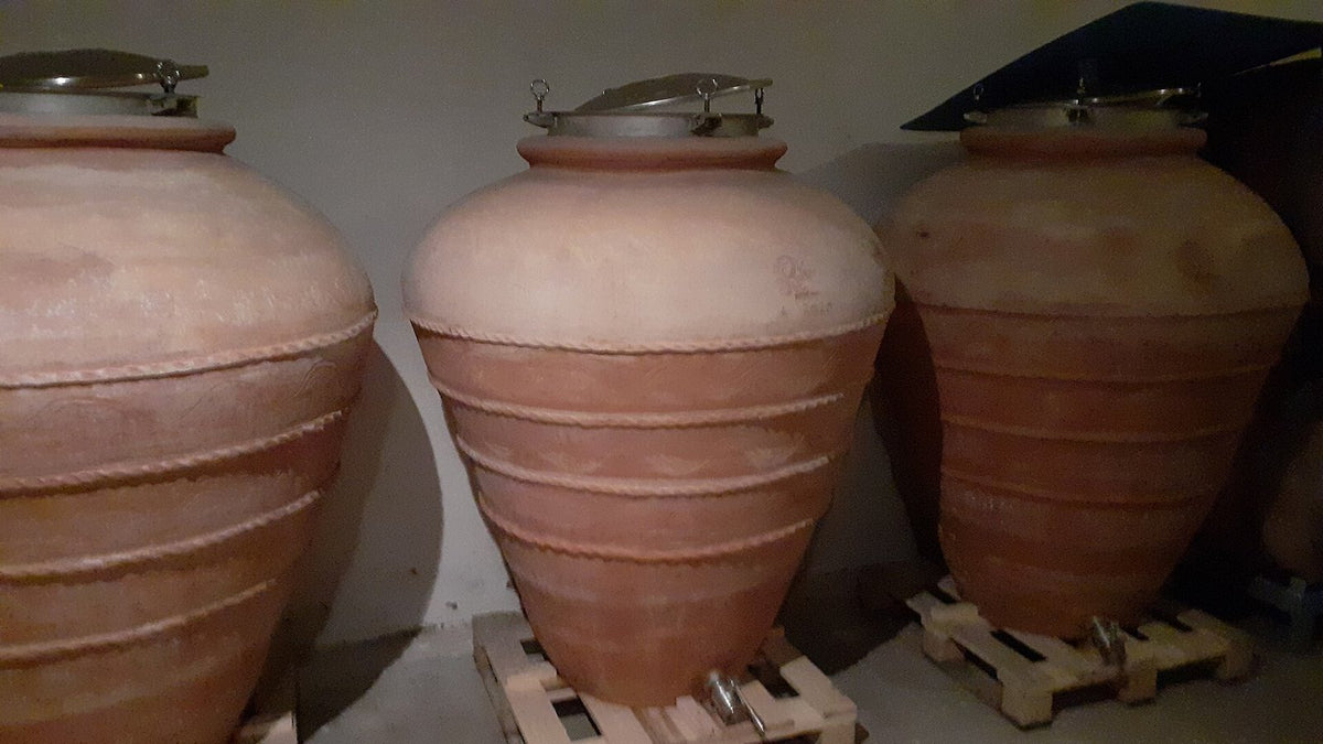 Three terracotta amphorae with steel lids standing on pallets in a cellar, used for skin-contact white wine.