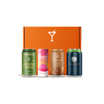 Tipxy RTD Discovery Box — orange box with Ranch2O Classic Marg, Beach Whiskey Strawberry Lemonade, Ranch2O Gin Fizz and Fizzbutt Lime Vodka Soda cans