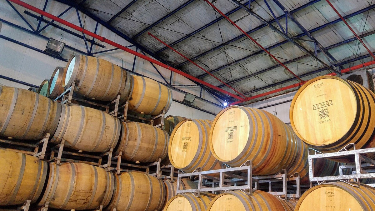 French oak barrels stacked on steel racks in the barrel hall of the Recanati winery, a kosher winery in Israel.