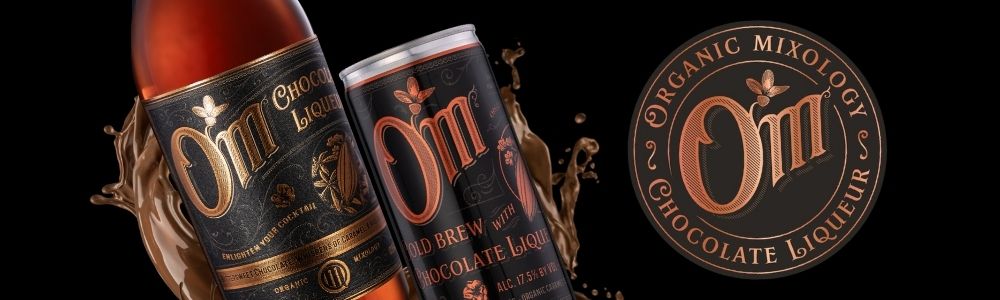 Om Organic Mixology Image and logo, featuring their chocolate liqueur and cold brew chocolate liqueur 