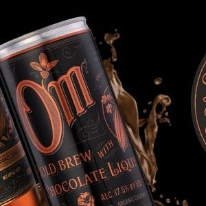 Om Organic Mixology Image and logo, featuring their chocolate liqueur and cold brew chocolate liqueur 