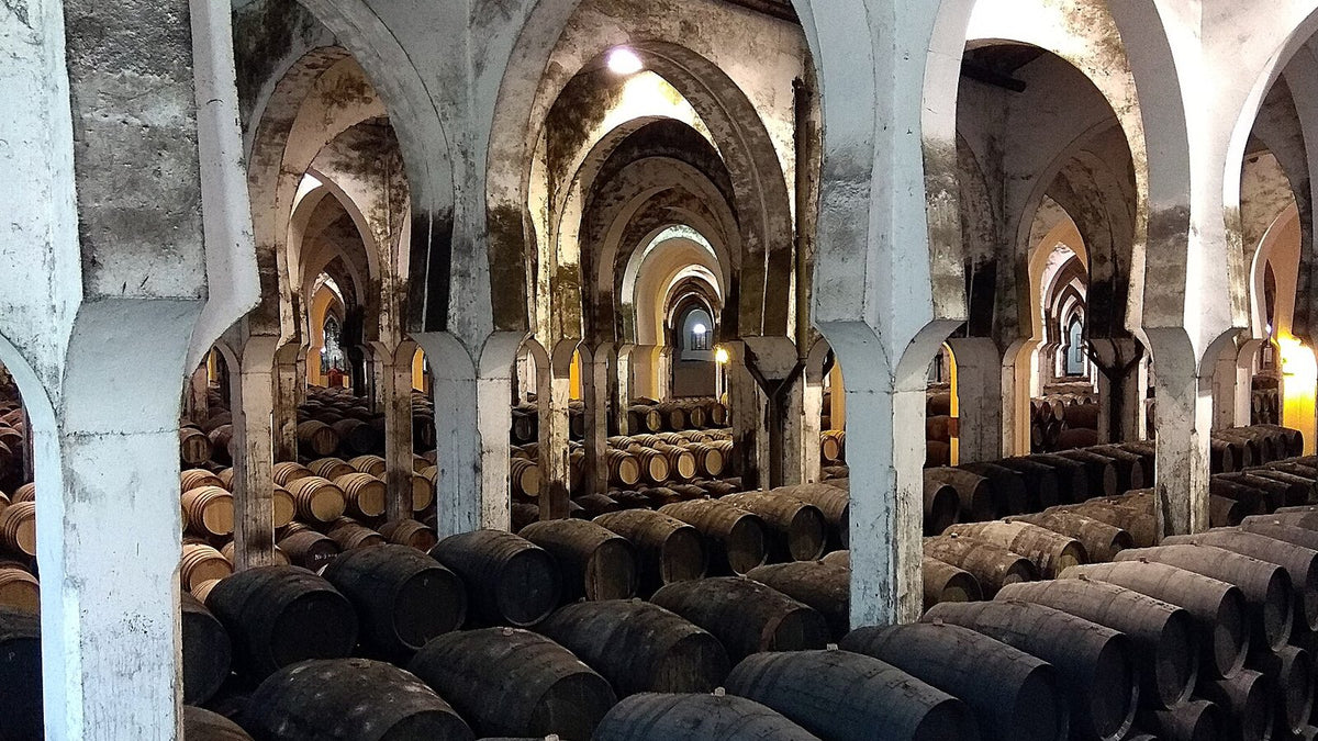Rows of dark oak sherry butts beneath the whitewashed horseshoe arches of a large bodega in Jerez de la Frontera.