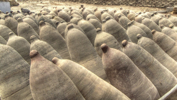 Dozens of traditional clay botija jars lying in rows at an adobe-walled pisco bodega in Ica, Peru.