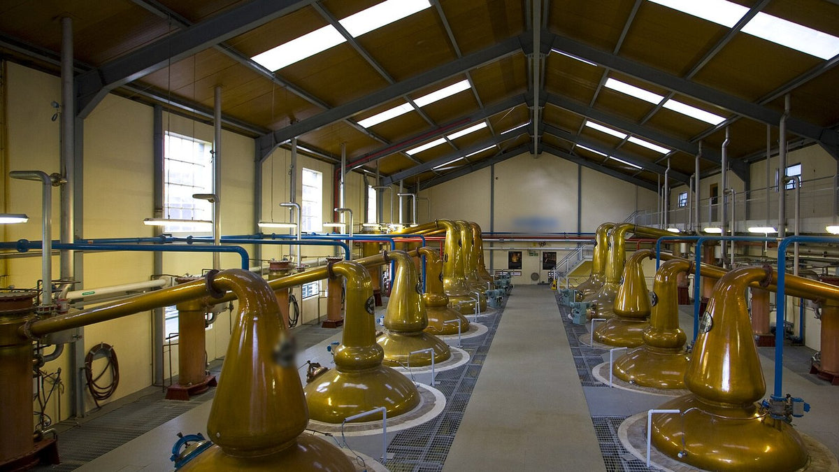 Two long rows of copper pot stills with swan necks and lyne arms in a bright, high-roofed Speyside still house.