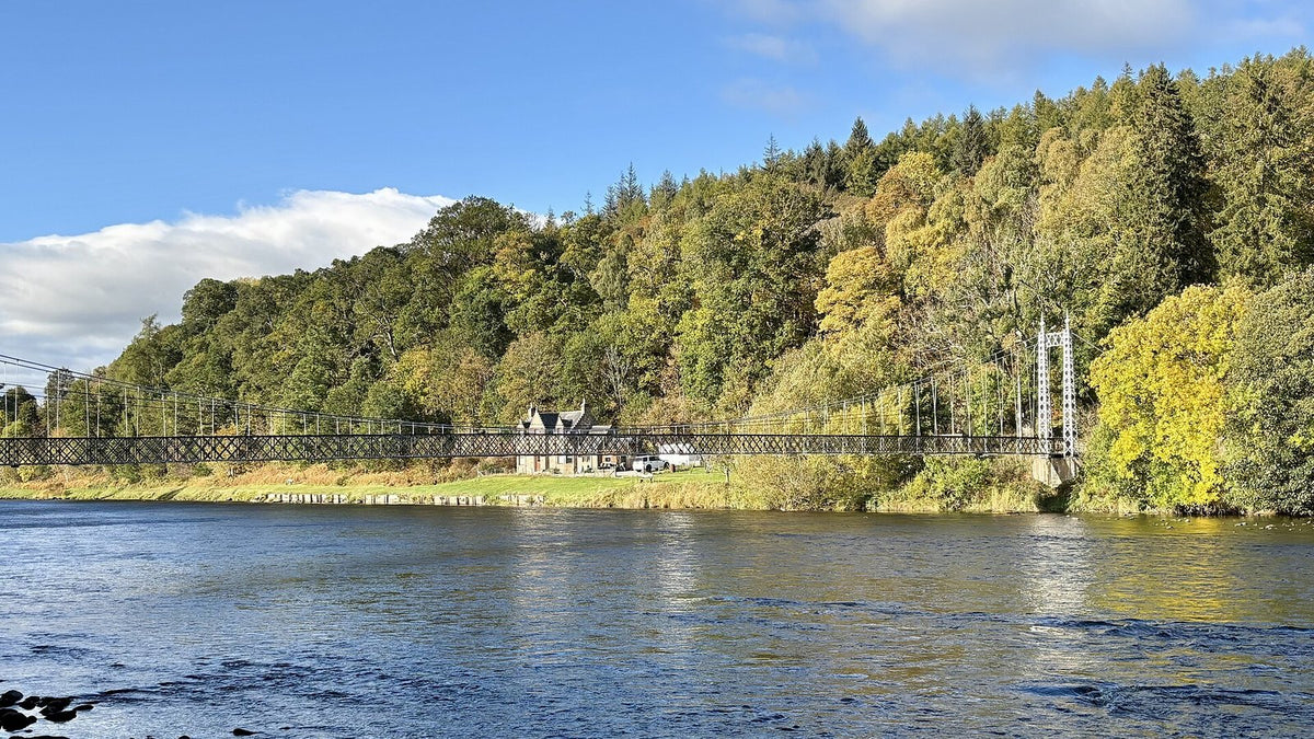 The River Spey flowing past autumn woodland and a suspension footbridge at Aberlour.