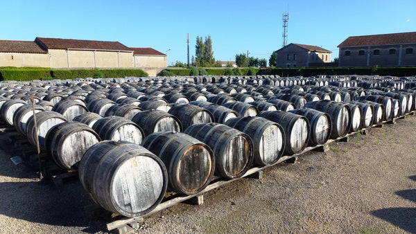 Rows of weathered oak casks of wine ageing in the open air in the yard of a vermouth house in Marseillan, France.