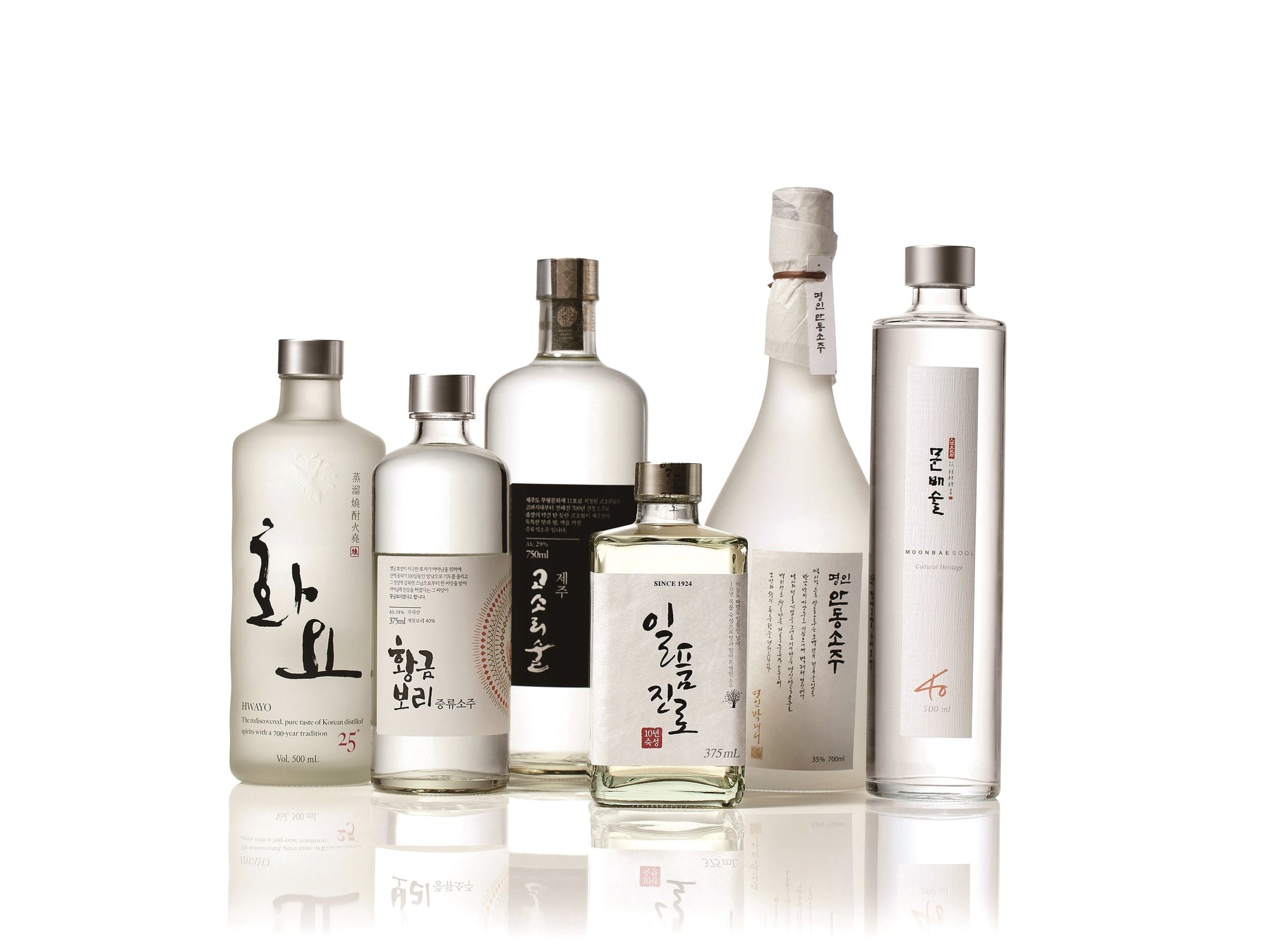 6 Different bottles of Korean Soju lined up, showcasing the large selection of Soju available to order online at Tipxy.com