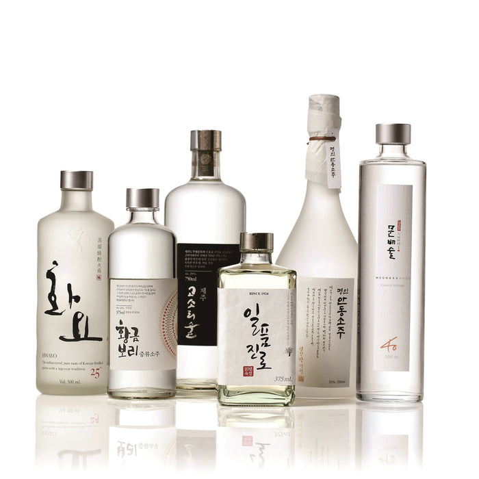 6 Different bottles of Korean Soju lined up, showcasing the large selection of Soju available to order online at Tipxy.com