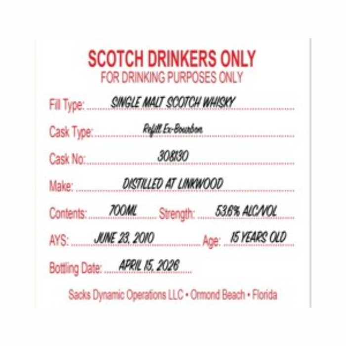 Scotch Drinkers Only - 15 Year Old Linkwood Single Malt Scotch Whisky