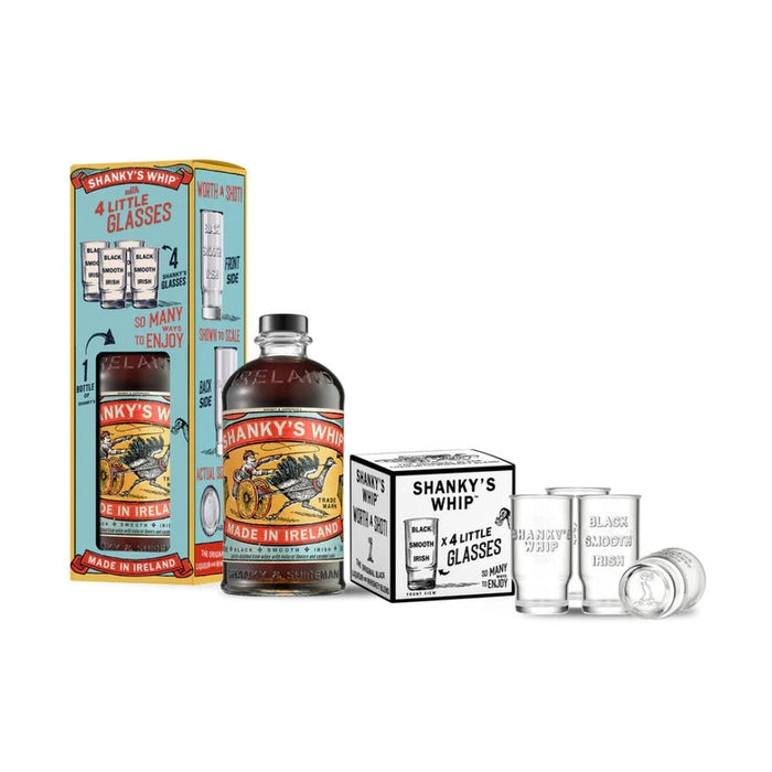 Shanky's Whip - Black Irish Whiskey Liqueur with 4 Shot Glasses Gift Pack