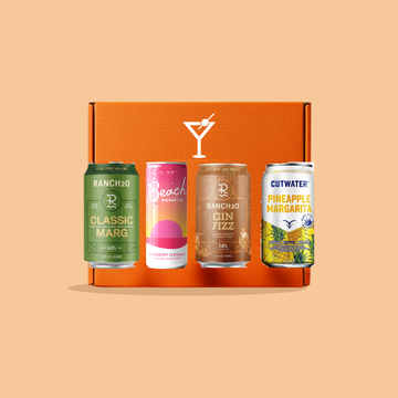 Tipxy RTD Discovery Box — orange box with Ranch2O Classic Marg, Beach Whiskey Strawberry Lemonade, Ranch2O Gin Fizz and Cutwater Pineapple Margarita cans